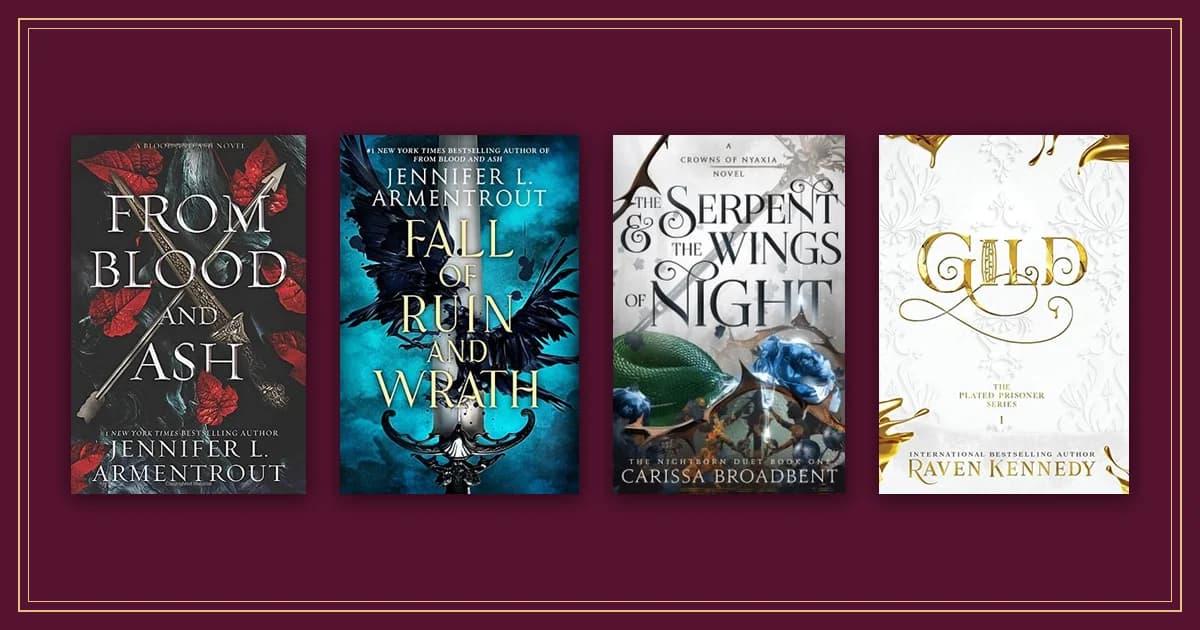 Covers of From Blood and Ash, Fall of Ruin and Wrath, The Serpent and the Wings of Night and Gild on garnet cloth