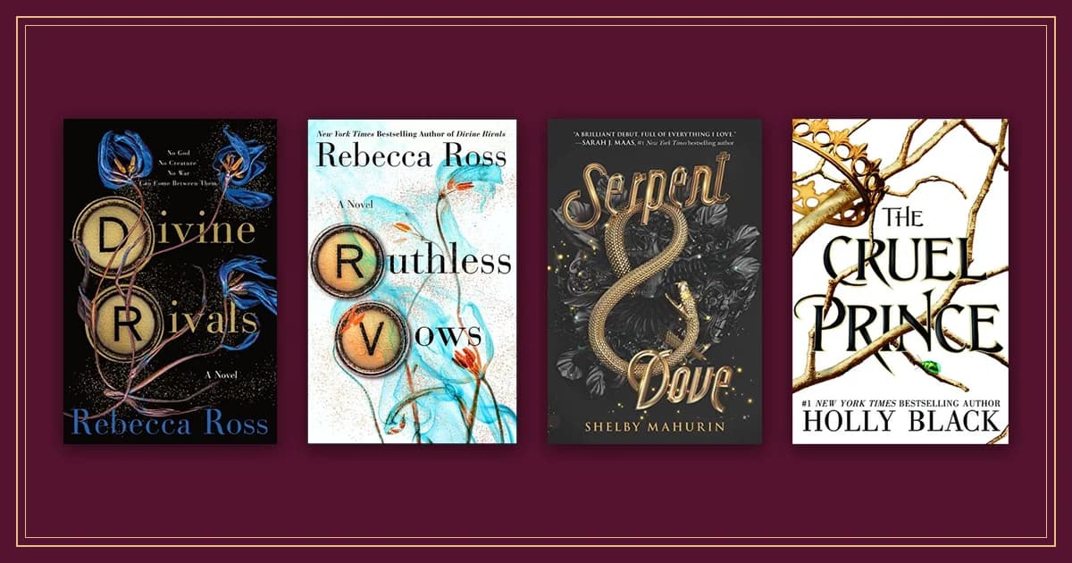Covers of Divine Rivals, Ruthless Vows, Serpent & Dove and The Cruel Prince side by side on garnet cloth