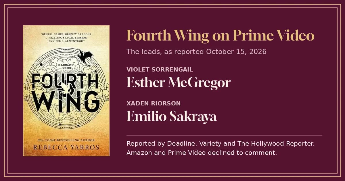 Fourth Wing book cover beside a garnet card naming Esther McGregor as Violet and Emilio Sakraya as Xaden