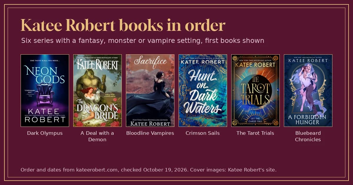 First-book covers of six Katee Robert series, from Neon Gods to A Forbidden Hunger, on garnet cloth