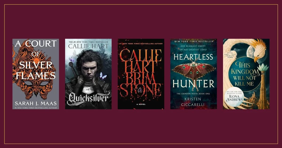 Covers of A Court of Silver Flames, Quicksilver, Brimstone, Heartless Hunter and This Kingdom Will Not Kill Me on garnet cloth