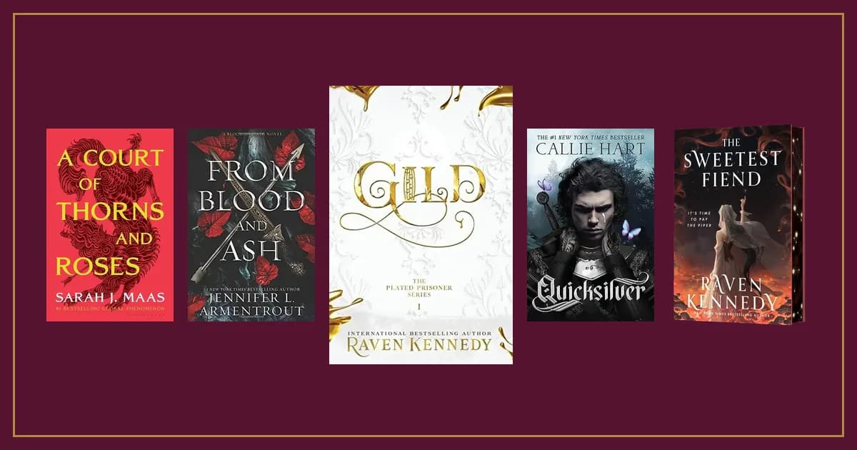 Covers of A Court of Thorns and Roses, From Blood and Ash, Gild, Quicksilver and The Sweetest Fiend on garnet cloth