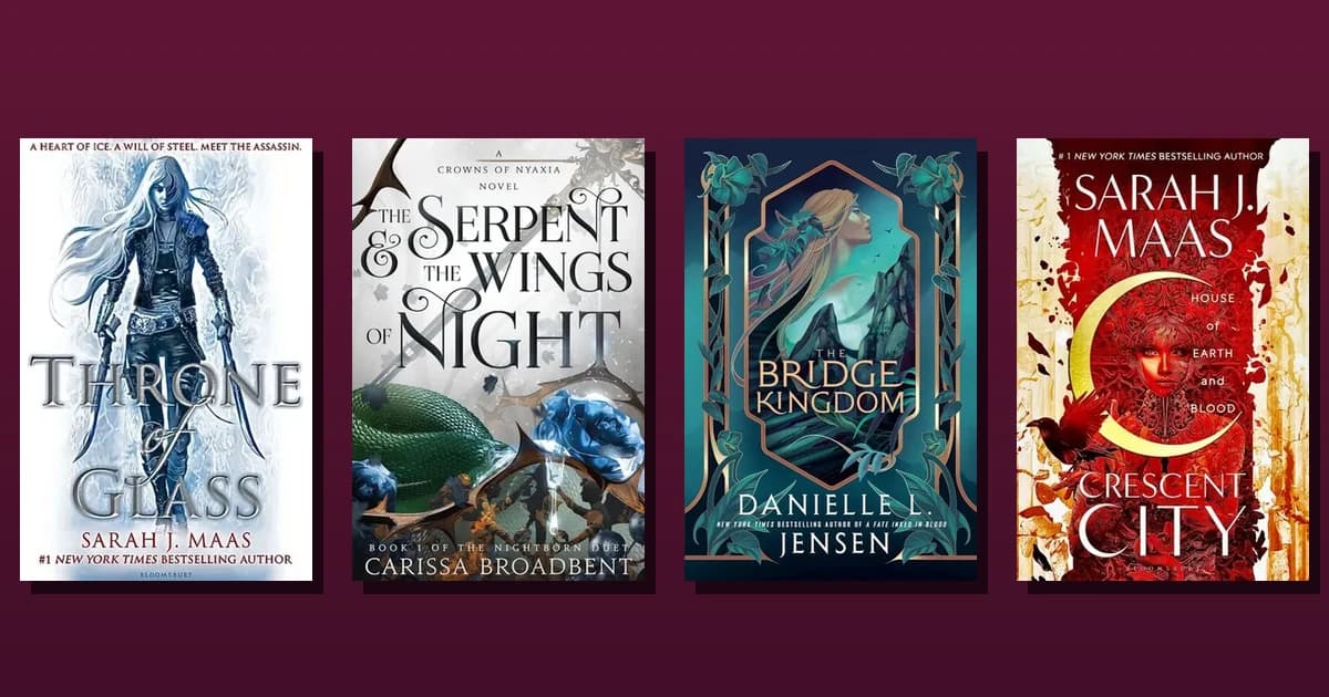 Covers of Throne of Glass, The Serpent and the Wings of Night, The Bridge Kingdom and House of Earth and Blood in a row
