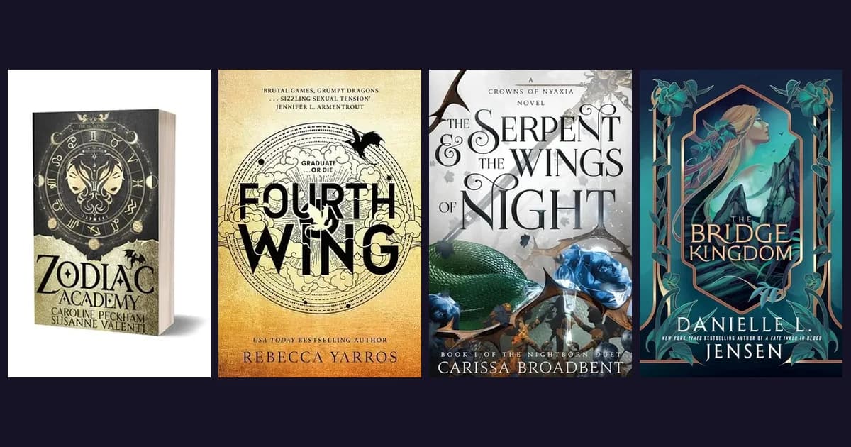 Covers of The Awakening, Fourth Wing, The Serpent and the Wings of Night and The Bridge Kingdom in a row