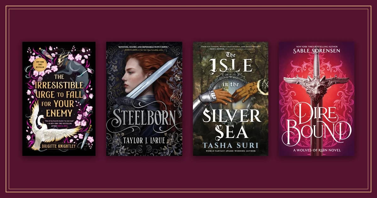 Covers of The Irresistible Urge to Fall for Your Enemy, Steelborn, The Isle in the Silver Sea and Dire Bound on garnet cloth