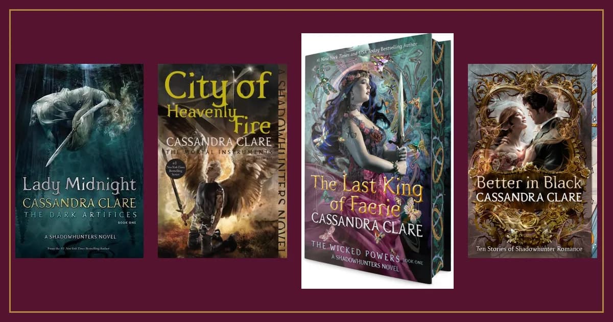 Covers of Lady Midnight, City of Heavenly Fire, The Last King of Faerie and Better in Black on garnet cloth