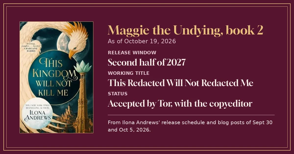 Cover of This Kingdom Will Not Kill Me beside a garnet card with book 2's 2027 window and redacted title