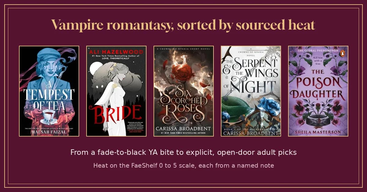 Covers of A Tempest of Tea, Bride, Six Scorched Roses, The Serpent and the Wings of Night and The Poison Daughter on garnet