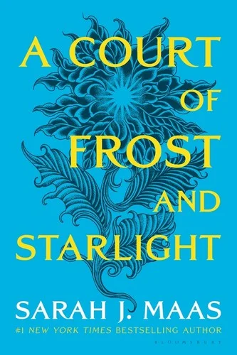 Blue A Court of Frost and Starlight cover with a dark flowering plant and yellow title lettering