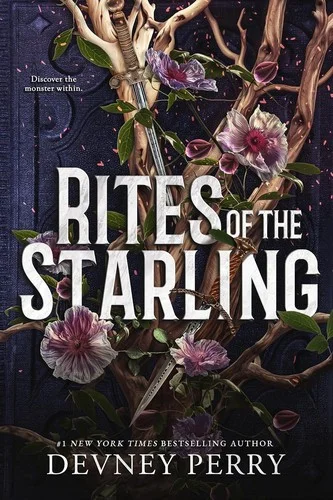 Rites of the Starling cover with a sword wrapped in thorny branches and pink flowers on a dark background