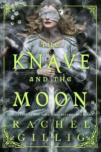 The Knave and the Moon cover with a blindfolded woman in chain mail holding a sword, title in pale green