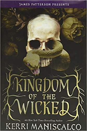Kingdom of the Wicked cover with a skull wrapped by a green snake above gold title lettering on a dark background