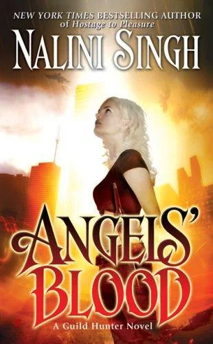 Blonde woman in a red dress looking up at a burning orange city skyline, under red gothic title lettering