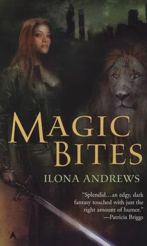 Red-haired woman in a dark coat beside a lion's face, with a sword blade crossing the bottom edge