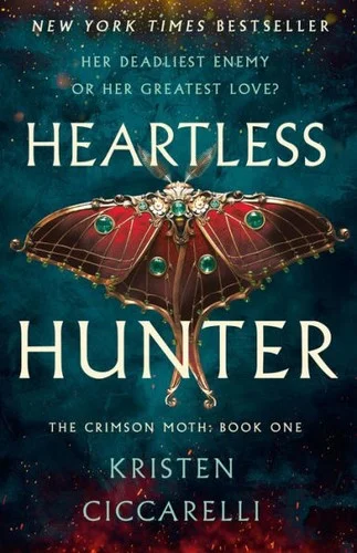 Dark teal Heartless Hunter cover with a large red and gold moth between the two words of the title