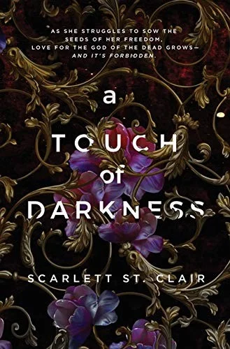 A Touch of Darkness cover with purple flowers and gold filigree on a dark background