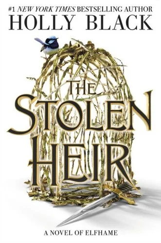 The Stolen Heir cover with a gold birdcage, a small blue bird and a dagger on a white background