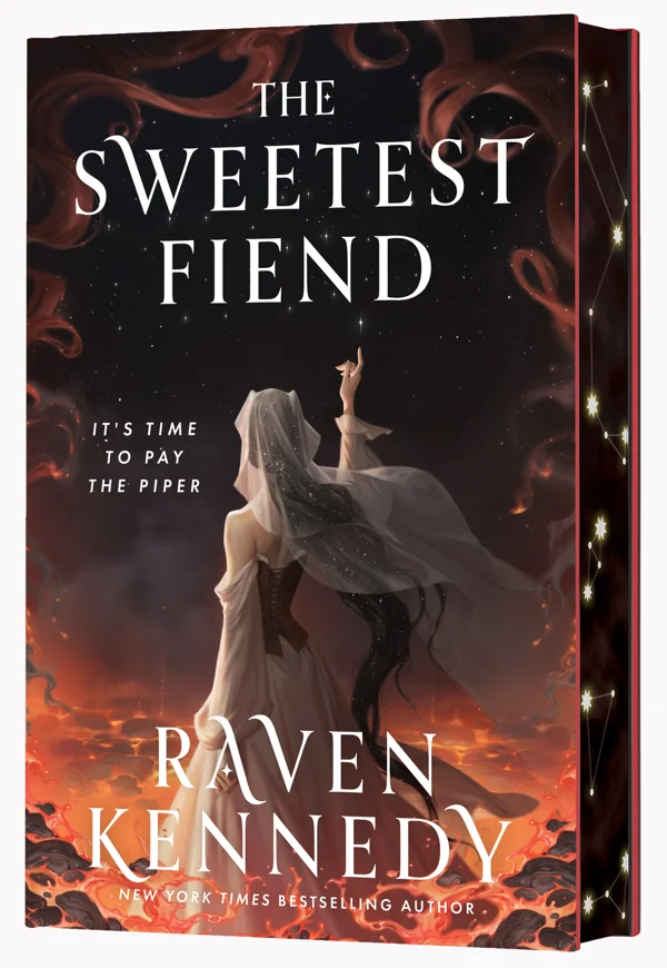 The Sweetest Fiend deluxe hardcover by Raven Kennedy, a veiled woman under a starry sky with sprayed edges