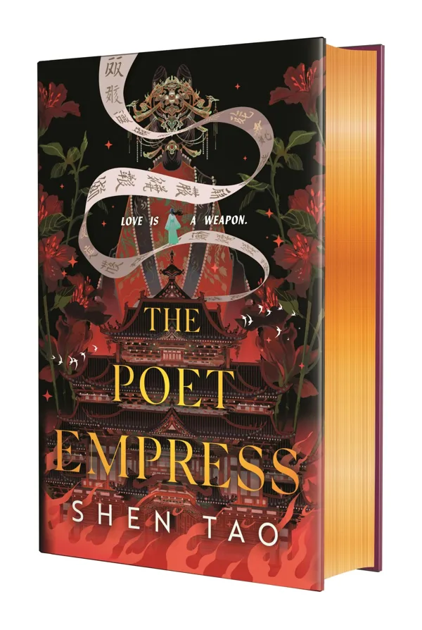 The Poet Empress hardcover in red and black with a palace, red flowers, a ribbon of script and the line love is a weapon