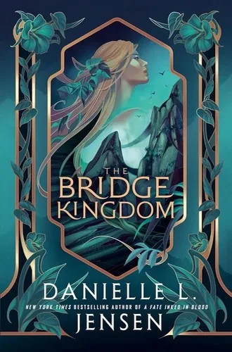 The Bridge Kingdom cover with a blonde woman in profile beside a rocky island, framed by teal flowers and vines