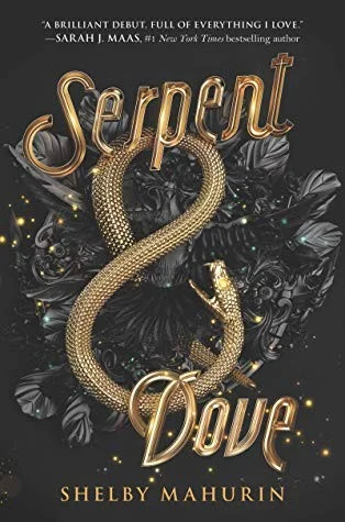 Serpent & Dove cover with a gold snake forming an ampersand between the title words on a black floral background