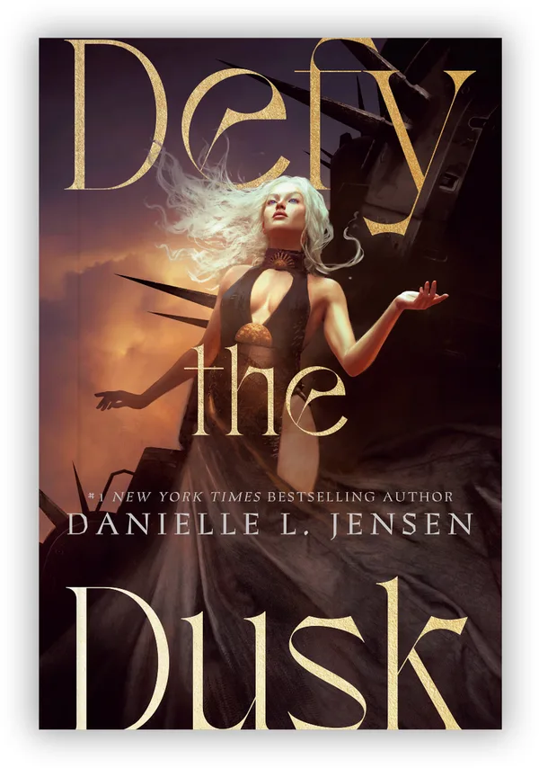 Defy the Dusk cover, a white-haired woman in a dark gown below the gold title, with spiked wreckage behind her