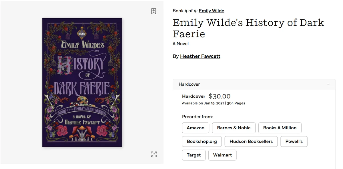 Penguin Random House page for Emily Wilde's History of Dark Faerie with a Book 4 of 4 series header and a January 19, 2027 date