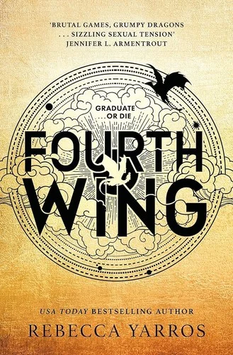 Fourth Wing paperback cover in gold and cream with a black dragon and large black title lettering inside a circular design