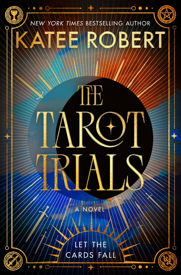 The Tarot Trials cover, gold title on a dark oval inside a blue and orange starburst, with tarot symbols in the corners