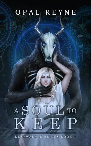 A Soul to Keep cover with a horned, skull-faced creature standing behind a pale-haired woman in a white dress