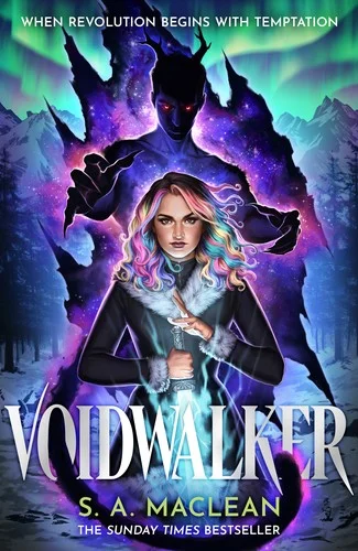 Voidwalker cover with a woman in a dark coat holding a glowing blade and a horned shadow figure with red eyes behind her