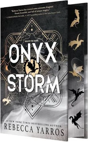 Black and grey Onyx Storm hardcover with white title letters inside a geometric frame and dragon silhouettes on the page edges