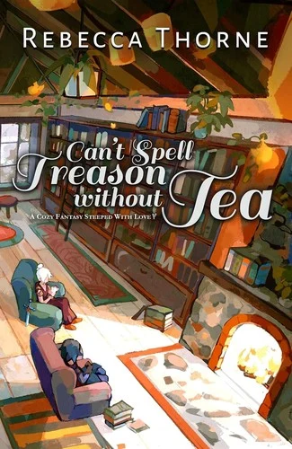Can't Spell Treason Without Tea cover with a sunlit bookshop interior, armchairs and two small figures reading by a fire