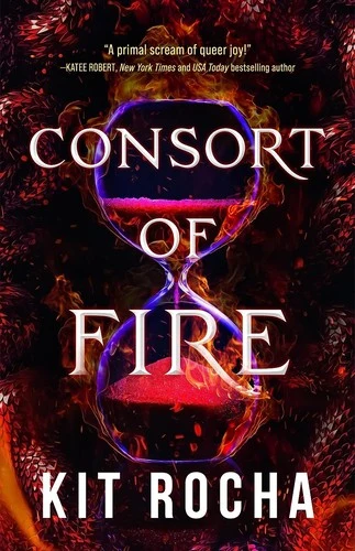 Consort of Fire cover with a red and purple hourglass wrapped in flames against a dark scaled background