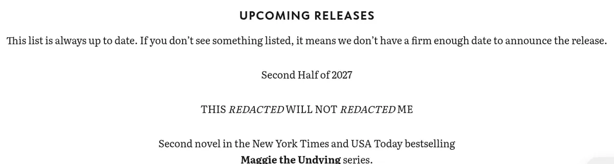 Ilona Andrews release schedule page listing the second Maggie the Undying novel for the second half of 2027