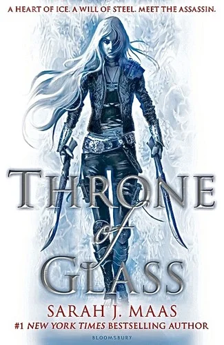 Throne of Glass cover with a pale-haired assassin holding two daggers above the silver title
