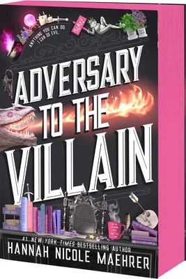 Adversary to the Villain cover with white block letters, a dragon breathing fire and a desk of books and potions, with pink page edges