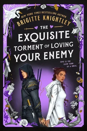 The Exquisite Torment of Loving Your Enemy cover with a hooded assassin and a healer in white on a purple border