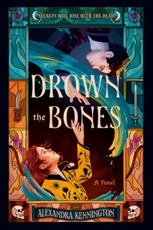Drown the Bones cover with a woman reaching up through blue water inside a stained-glass style border with skulls