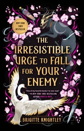 The Irresistible Urge to Fall for Your Enemy cover with a white swan, a dagger and pink blossoms on a black background