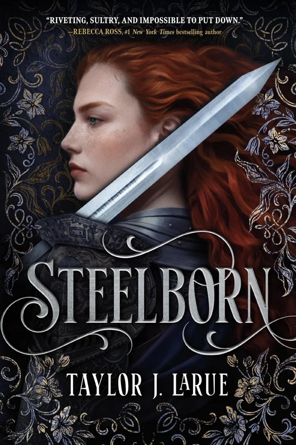 Steelborn cover showing a red-haired woman in profile holding a sword against a dark patterned background