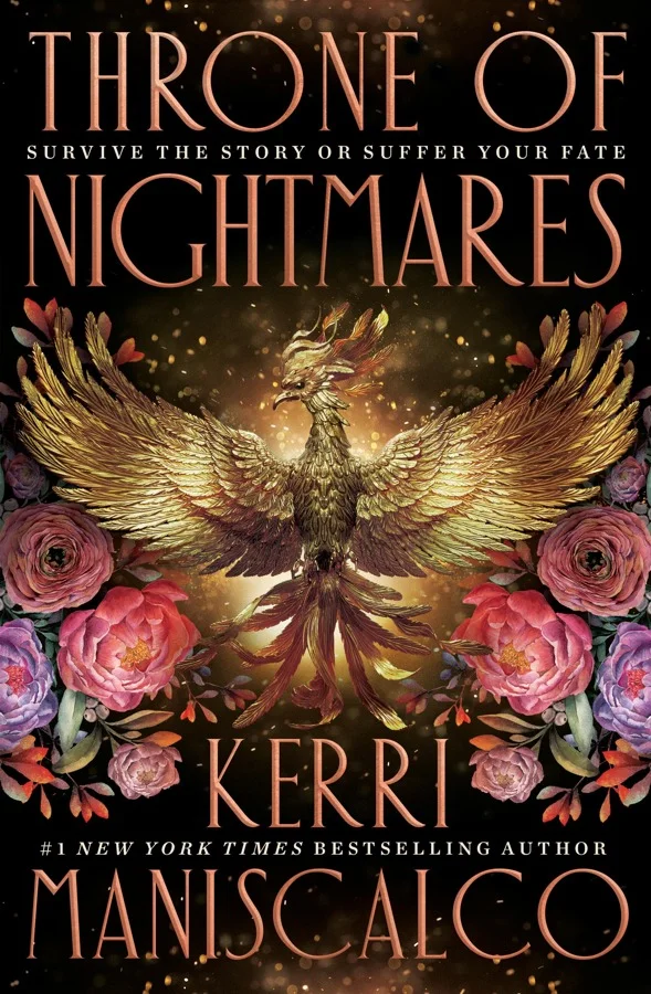 Throne of Nightmares cover with a golden phoenix spreading its wings between pink roses on a black background