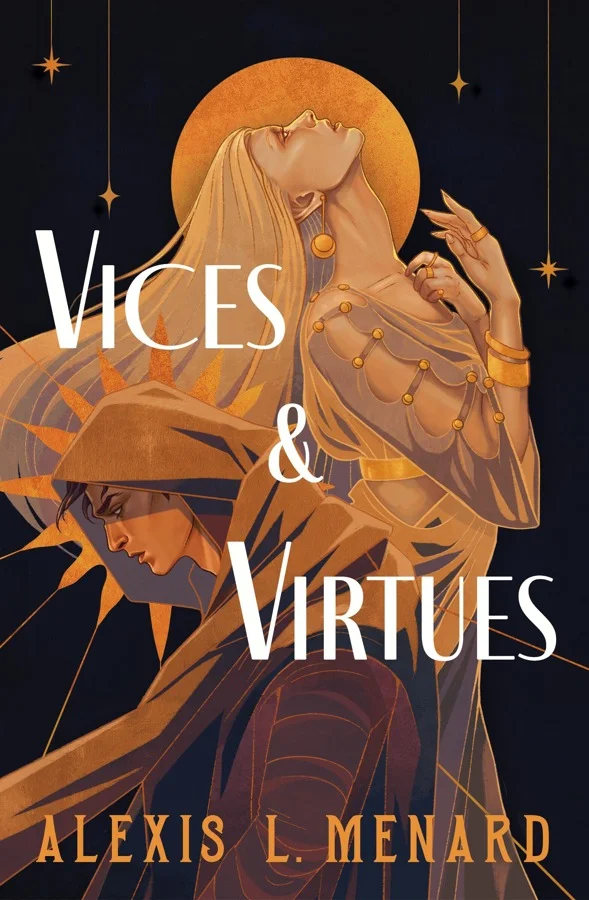 Vices and Virtues cover showing two golden figures under a sun halo on a dark blue background