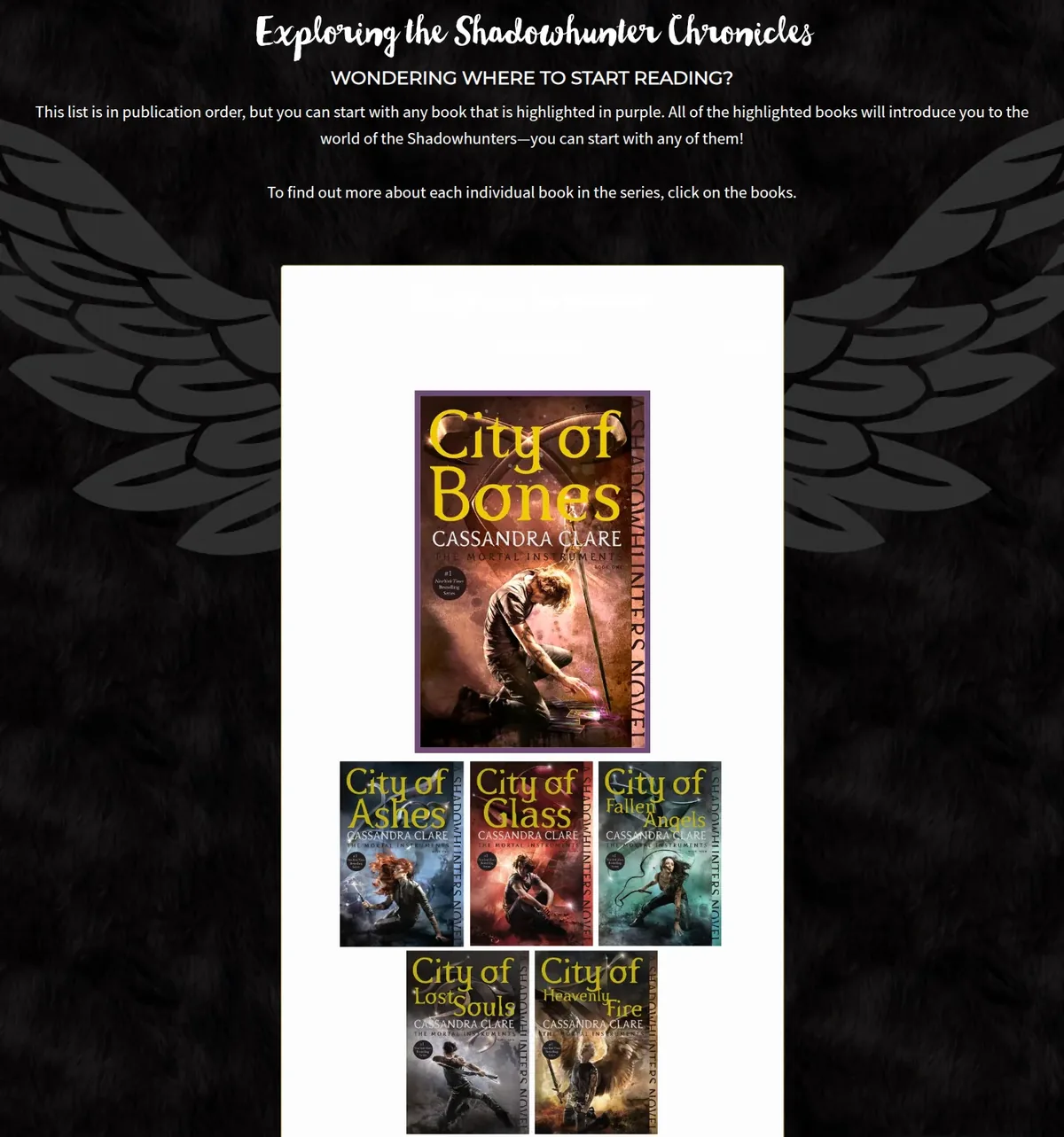 Cassandra Clare's Exploring the Shadowhunter Chronicles page, with City of Bones highlighted in purple as a starting point