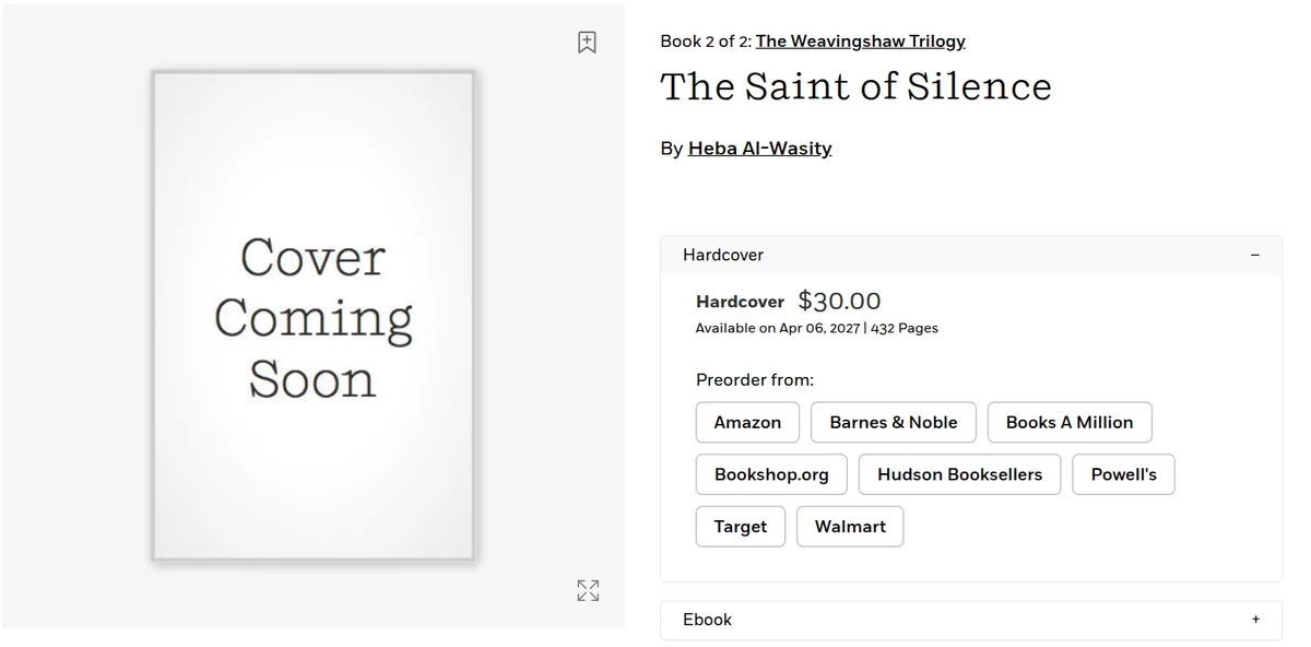 Penguin Random House page for The Saint of Silence with a Cover Coming Soon placeholder and a Book 2 of 2 series header