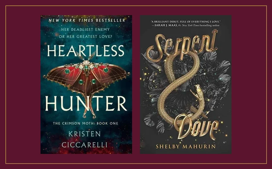 Covers of Heartless Hunter, a red moth on dark teal, and Serpent & Dove, a gold serpent in a figure eight on black flowers, side by side